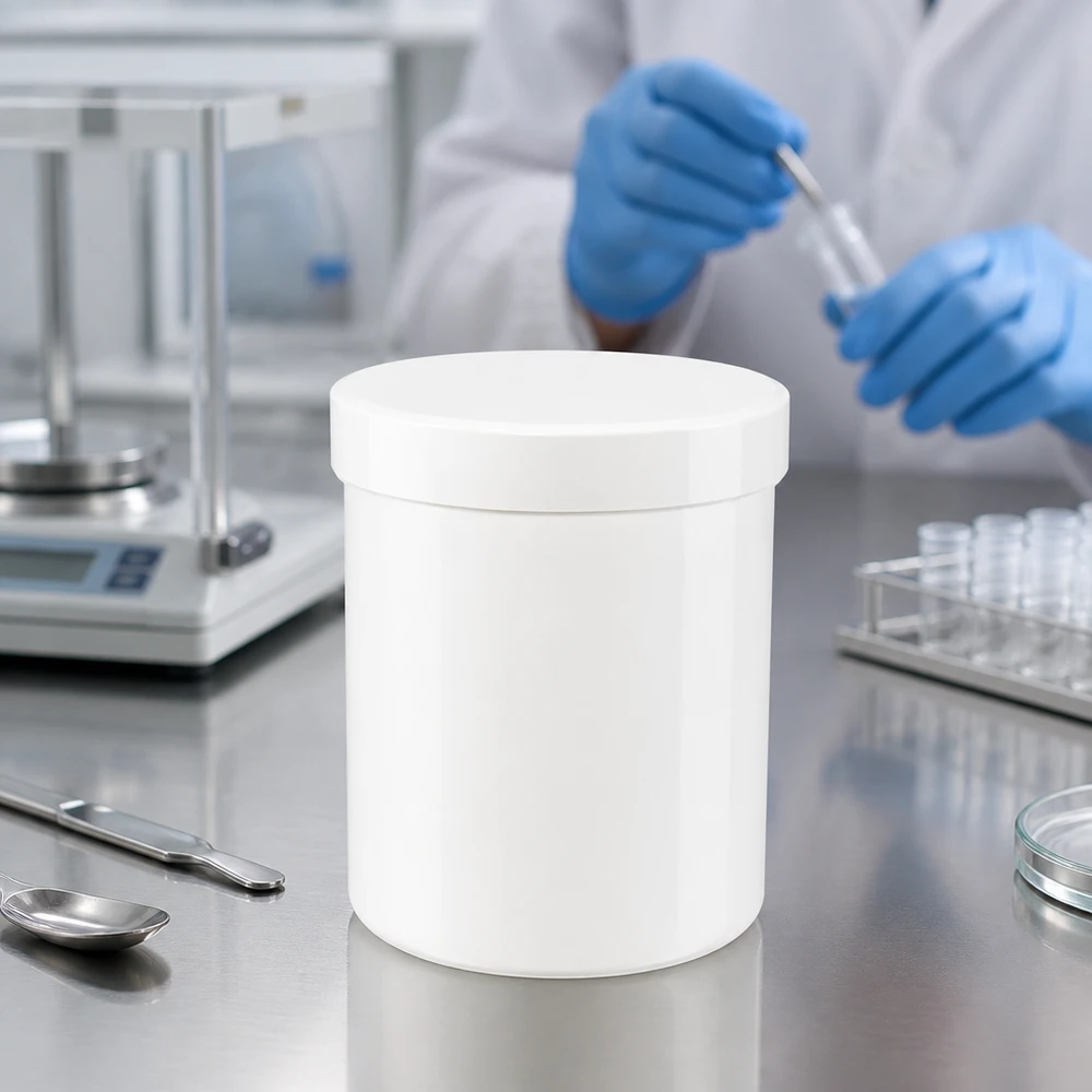Salvburk 250g vit med vitt skruvlock (polypropylen) Vit PP-salvburk på 250 g med skruvlock på en yta av rostfritt stål bredvid en laboratorievåg och provrör