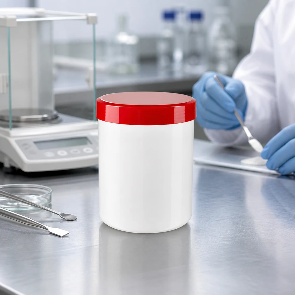Salvburk 300 g, vit med rött lock, bredvid analysvågen i ett farmaceutiskt laboratorium