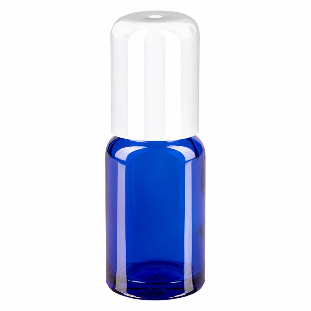 10ml roll-on flaska vit STD BlueLine UT18/10 blått glas med vitt lock
