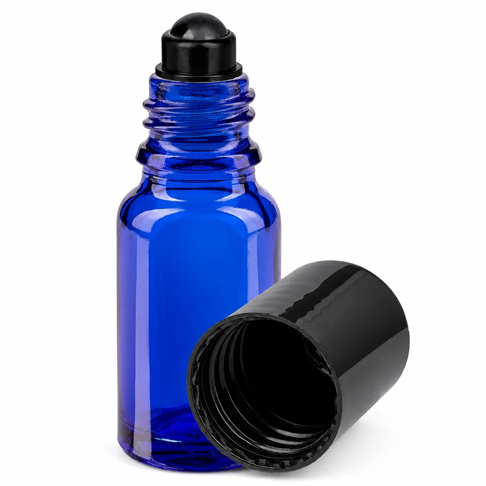 Apoteksflaska blå 10ml roll-on lock svart 10 ml blå roll-on-flaska av apotekerglas med svart rullkula och skruvlock