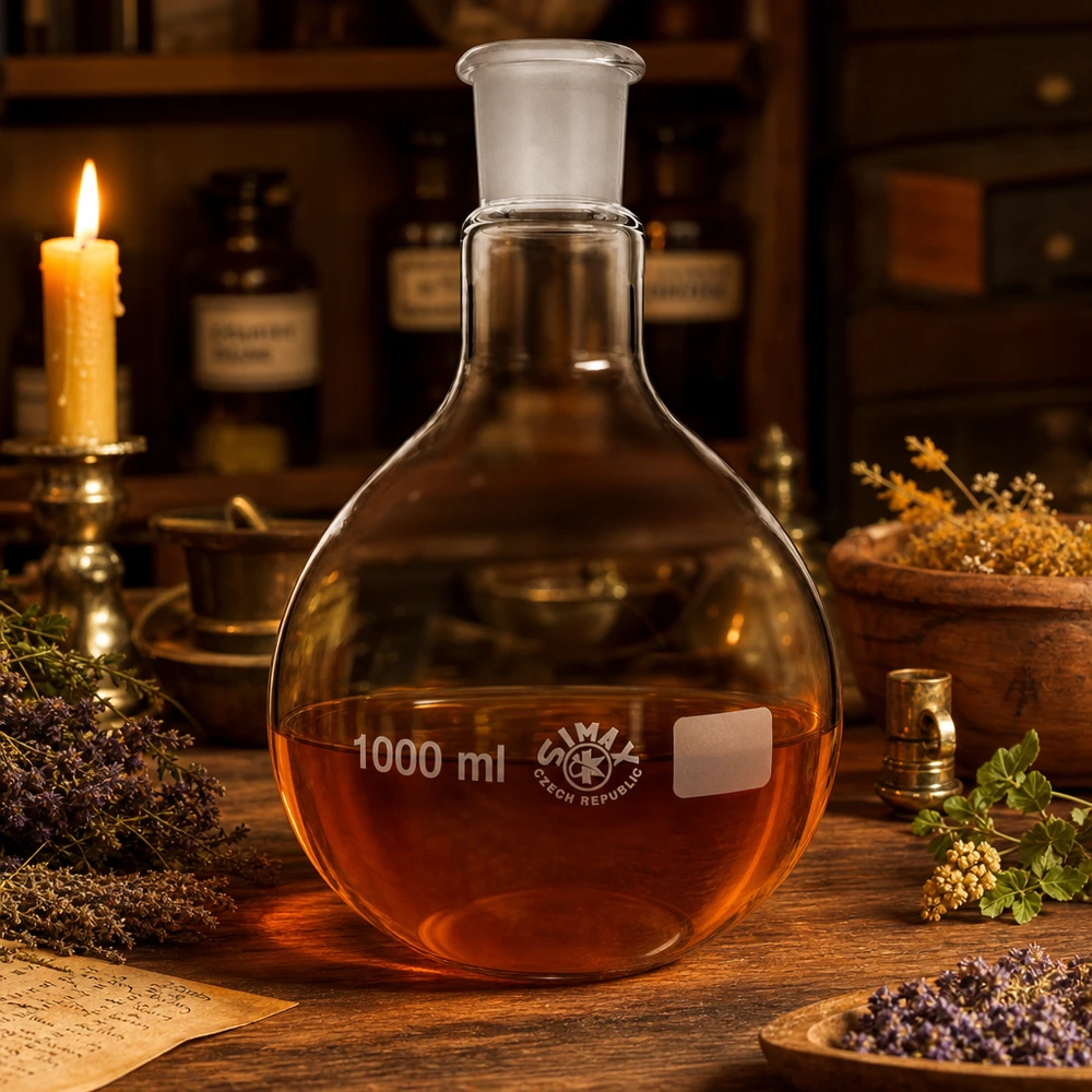 Höftkolv 1000ml med standardslipad fog (29/32) Rundkolv 1000 ml med orangefärgad lösning och standardslipad fog 29/32 för professionell laboratoriesyntes
