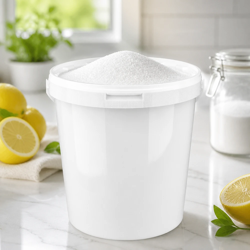 Hink i vit polypropenplast 10,7L med lock Vit 10,7 liters PP-plasthink med fällbart lock och citronsyrapulver på en köksbänk i marmor