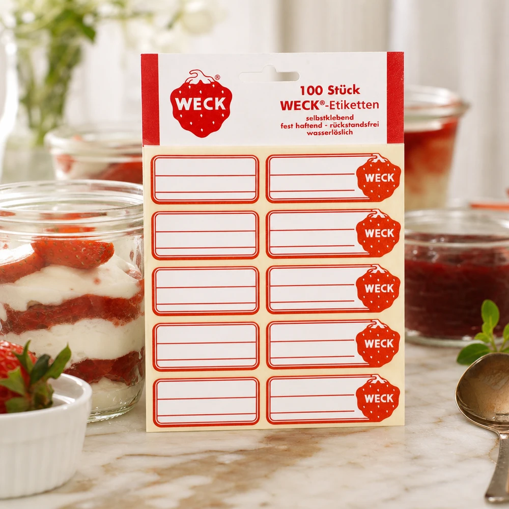 WECK-etiketter 19 x 13 mm (förpackning med 100 stycken) WECK Etiketten Packung neben dekorativem Dessertglas mit Erdbeercreme zeigt vielseitige Anwendung in moderner Küche
