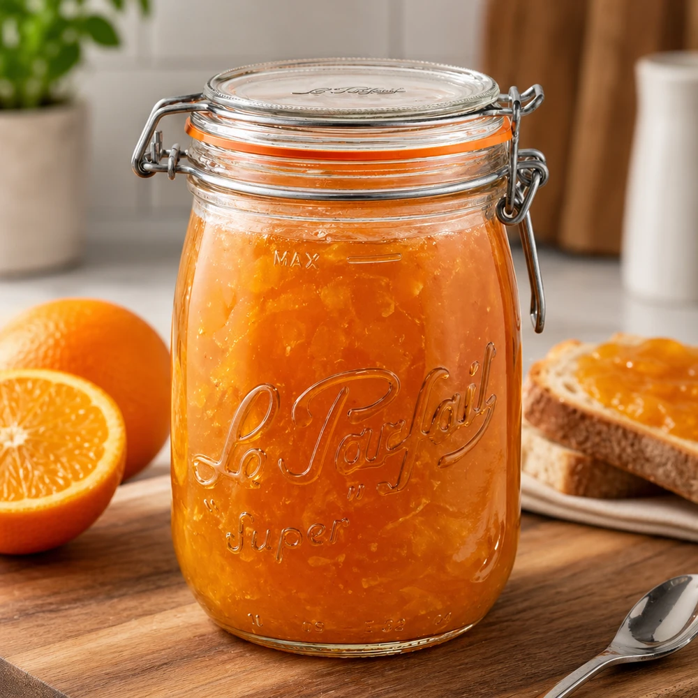 1000 ml Le Parfait Super förvaringsburk med svängbar topp fylld med apelsinmarmelad på träskiva med apelsiner