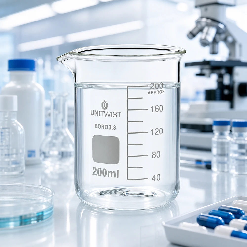 UNiTWIST bägare, 200 ml, borosilikatglas, låg form, i ett professionellt laboratorium med mikroskop