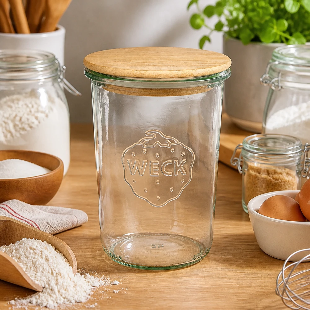 850ml WECK RR100 Krossade glasögon med trälock WECK muggar 850ml RR100 trälock kök bakning ingredienser mjöl ägg köksredskap naturmaterial