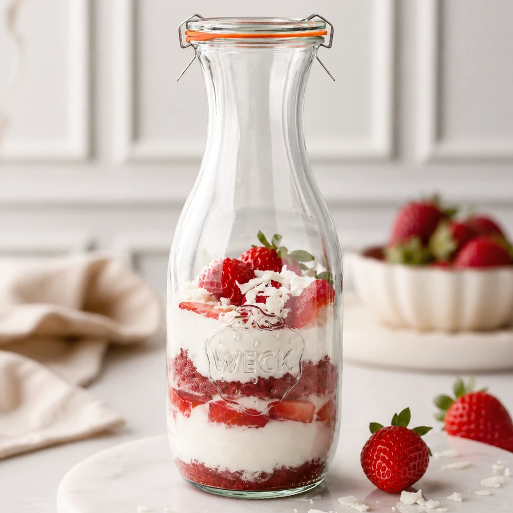 WECK juiceflaska 1062ml RR60 som dessertburk fylld med jordgubbsgrädde skiktad dessert köksbakgrund vit