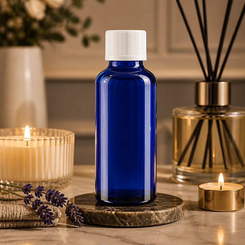 Aromaterapiflaska, 30 ml, i blått glas med barnsäker vit kork och precisionsdroppare, 1,2 mm