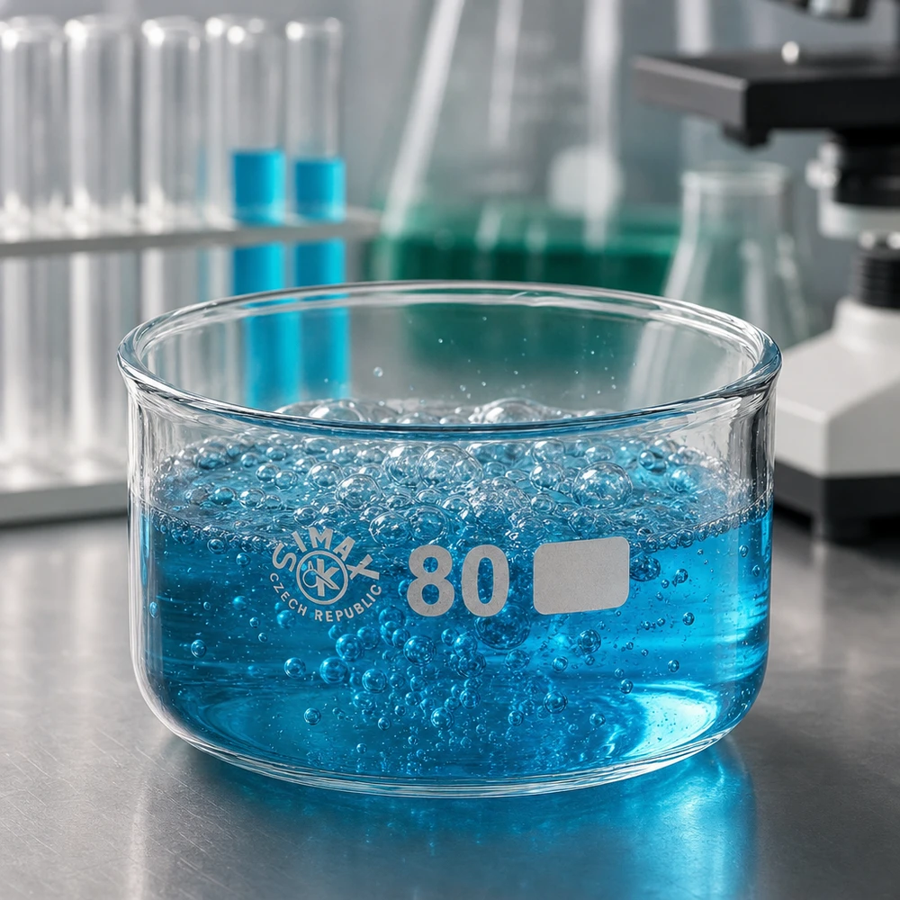 Blå vätska med bubblor i SIMAX-kristalliseringsskål, 80 mm, borosilikatglas, 150 ml, laboratoriebruk