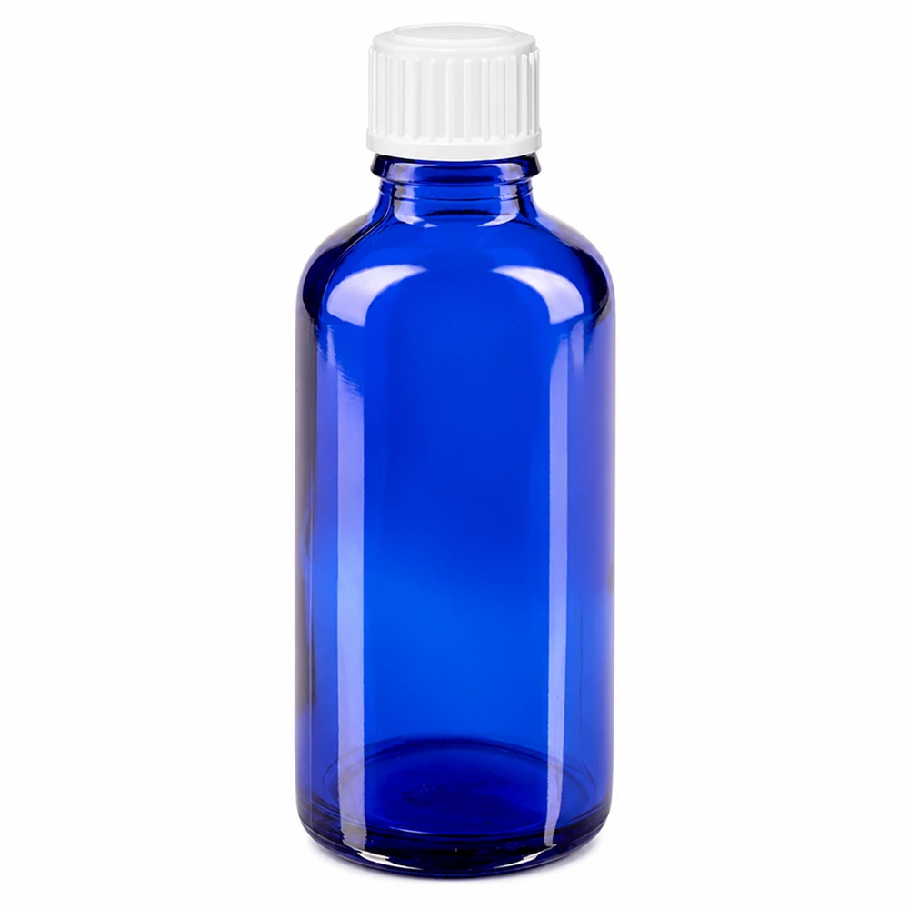Apoteksflaska blå 50ml skruvkork vit standard 50 ml blå apotekarflaska i glas med vitt skruvlock, 11 mm