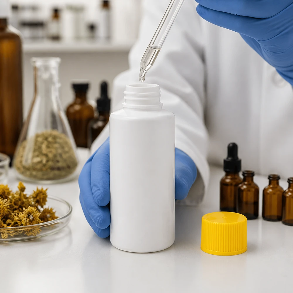 Apoteksflaska HDPE 30ml vit, med gult skruvlock Vit HDPE-apotekflaska på 30 ml med gult säkerhetslock i laboratoriet