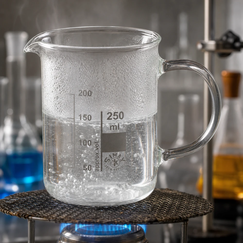 Eppendorfglas 250 ml med handtag som värms upp på en bunsenbrännare med kokande vatten i laboratoriet