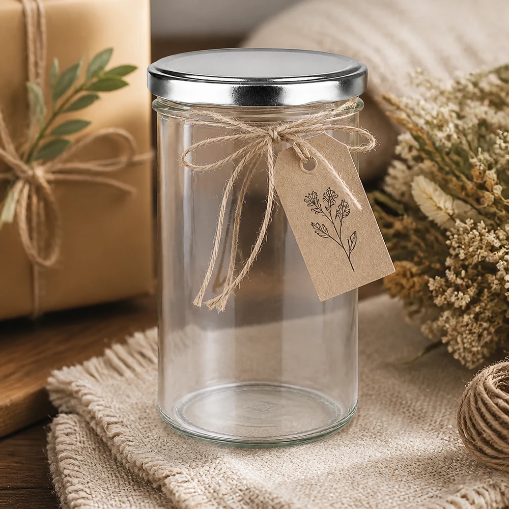 277 ml glas med BasicSeal-lock i silver, dekorativt arrangerade med presentetikett och naturmaterial