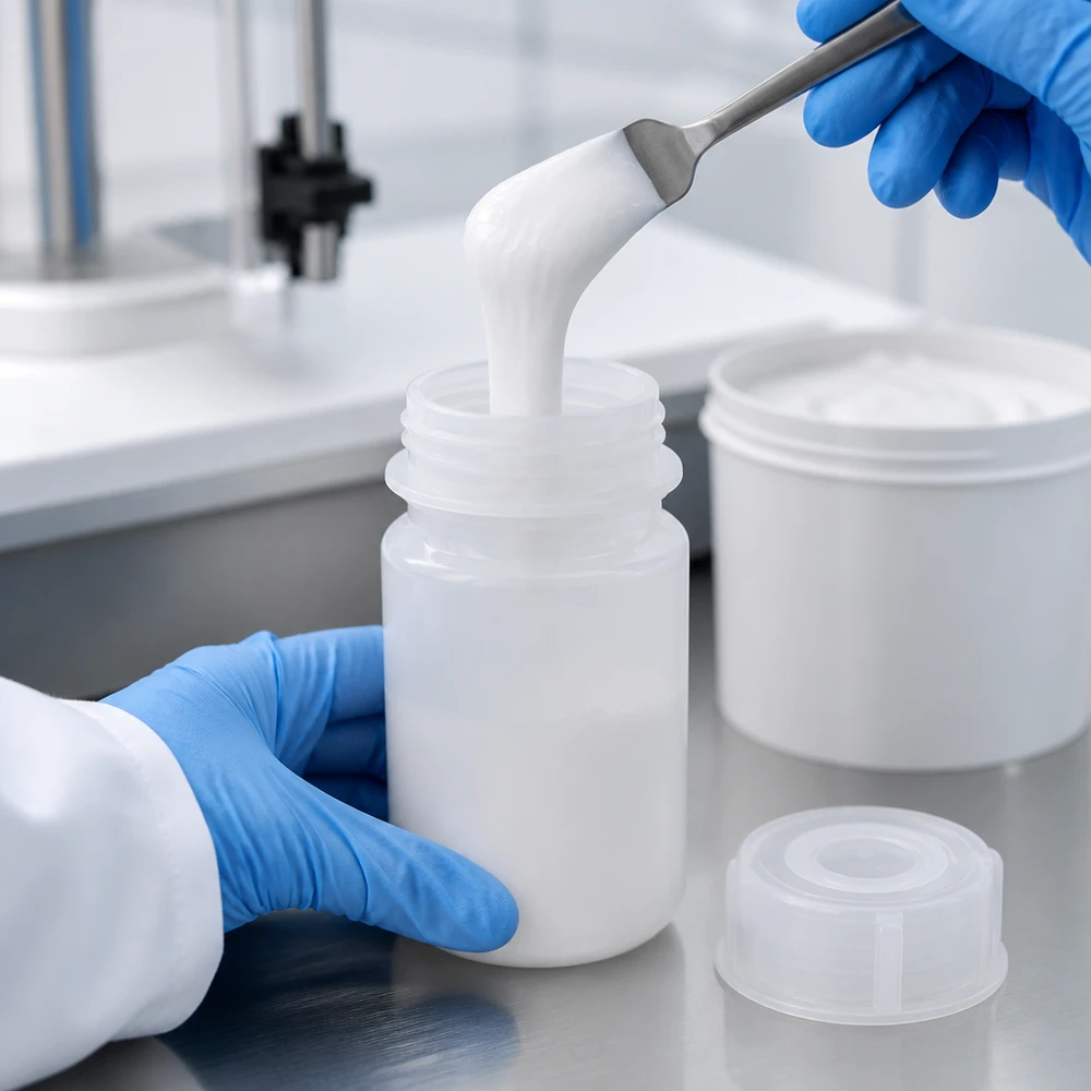 Laboratorieteknikern överför den vita krämen med en spatel till en 50 ml laboratorieflaska med vid hals och skruvlock