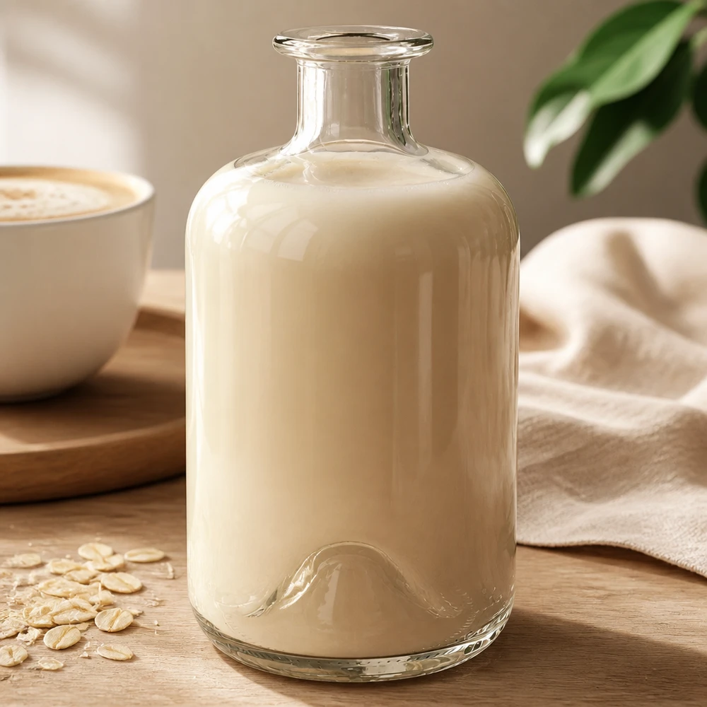 500 ml apoteksflaska 500ml Glasflasche "Luna" ohne Verschluss UNiTWIST500ml Glasflasche "Luna" ohne Verschluss UNiTWIST utan lock UNiTWIST® Apotekarens flaska Luna 500ml fylld med krämig havremjölk bredvid kaffekopp och havregryn på träbord