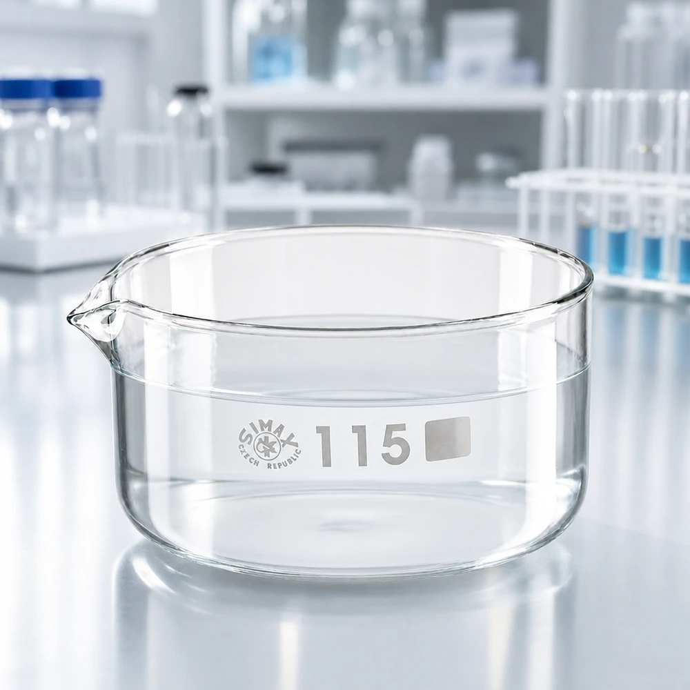 500ml kristalliseringsskål med pip borosilikat ø115mm Genomskinlig kristalliseringsskål 500 ml SIMAX Tjeckien, borosilikatglas, cylindrisk form, ø115 mm
