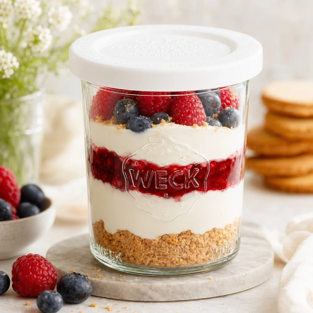 160 ml burk med lock som håller maten färsk, WECK RR60 WECK 160 ml RR60-glas med dessertlager av yoghurt, bär och kexsmulor - perfekt som dessertburk