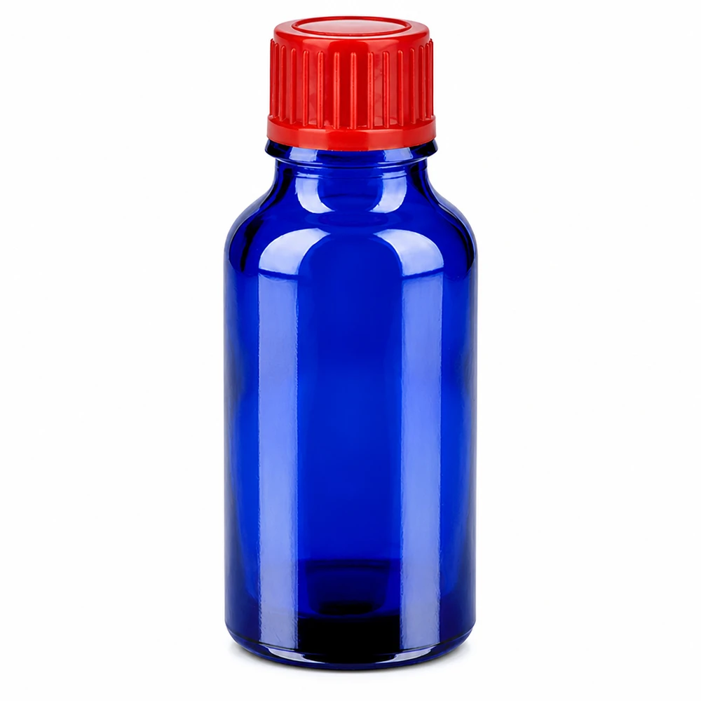 Blå glasflaska 20ml med rött skruvlock för läkemedel och kosmetika