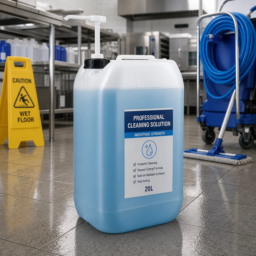 Dunk 15 liter med doseringspump Blå 15-litersdunk med doseringspump i ett professionellt kök bredvid en varningsskylt och en mopp