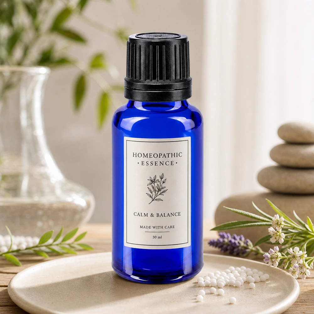 Apoteksflaska blå 20ml skruvkork svart hällring tät förslutning Homeopatisk essens i en 20 ml koboltblå glasflaska med svart skruvlock på en keramikplatta