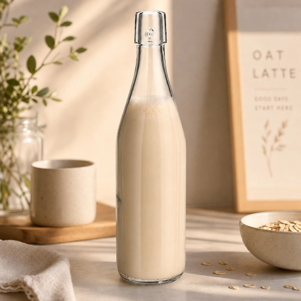 500ml glasflaska utan svängbar topp UNiTWIST 500 ml UNiTWIST-glasflaska fylld med havremjölk i ett naturligt kök med havreflingor som en hälsosam livsstilsscen