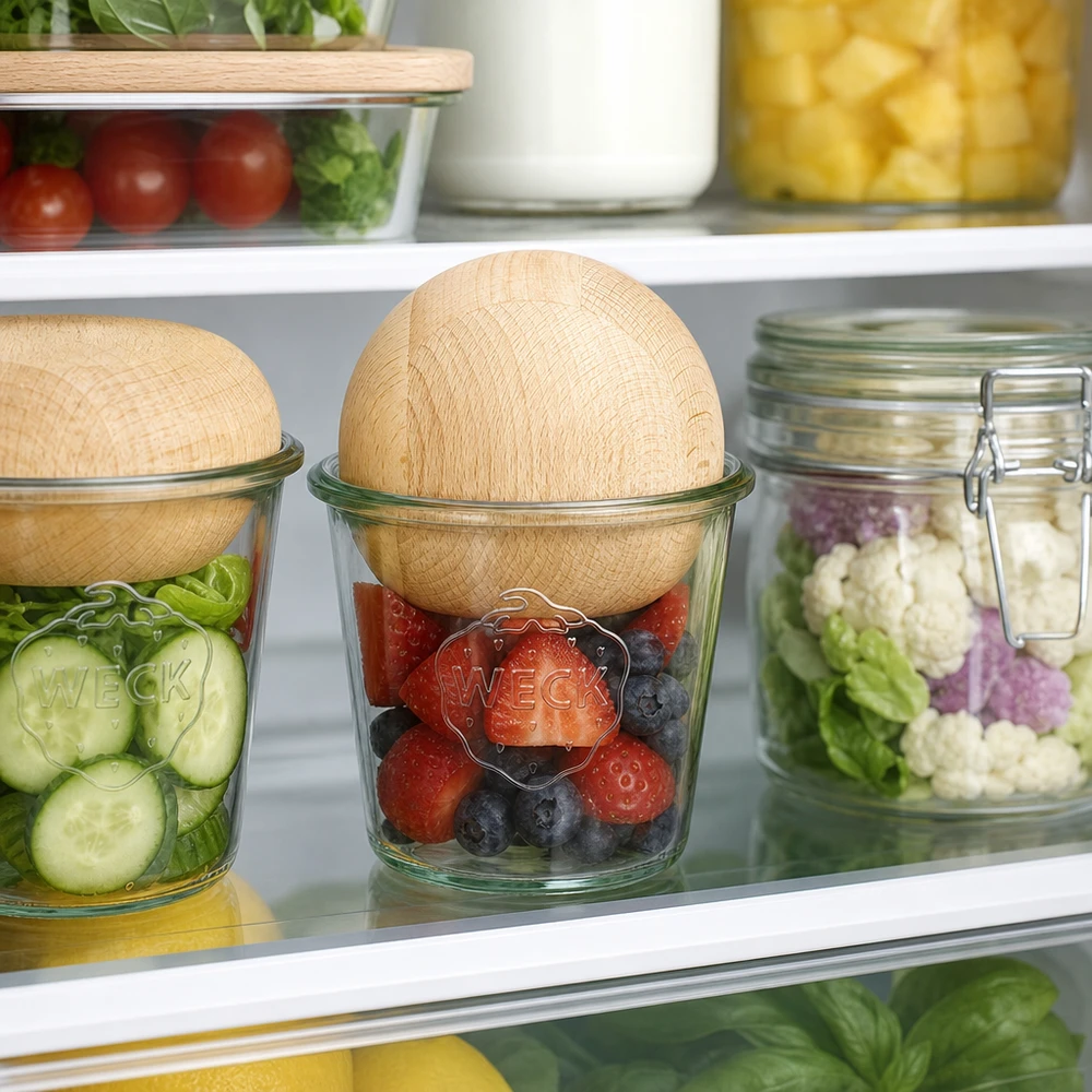 580 ml Krossade glasögon WECK RR100 med träkula bok WECK Sturzglas RR100 580ml mit Buchenholzkugel zur Frischehaltung von Beeren und Gemüse im Kühlschrank