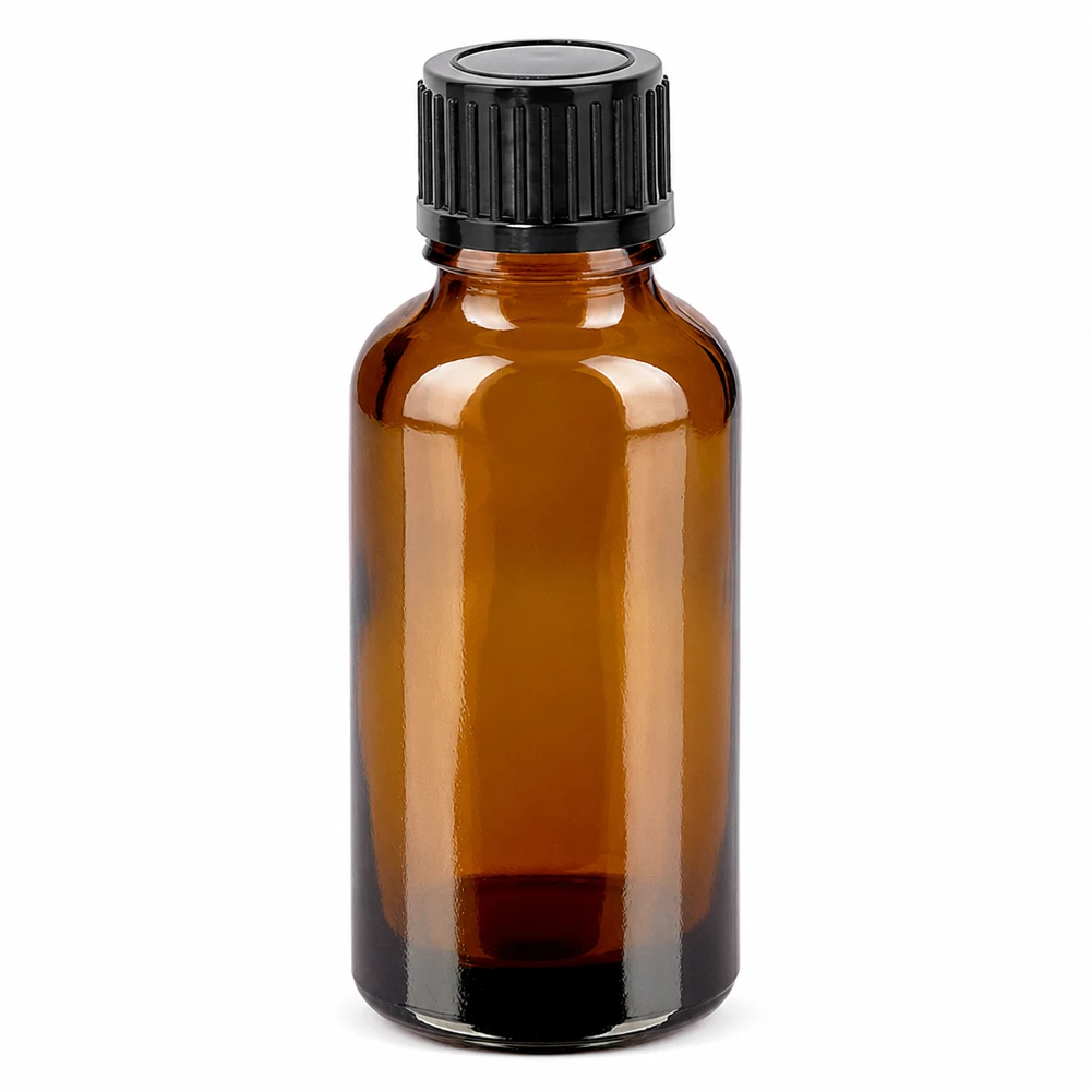 30 ml bärnstensfärgad glasflaska med svart skruvlock för eteriska oljor och kosmetika