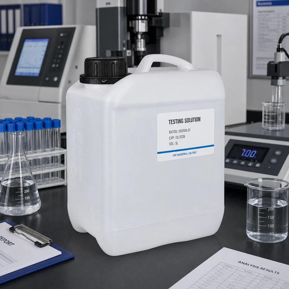 Rektangulär HDPE-dunk på 2,5 liter med etikett ”Testlösning” på ett laboratoriebord