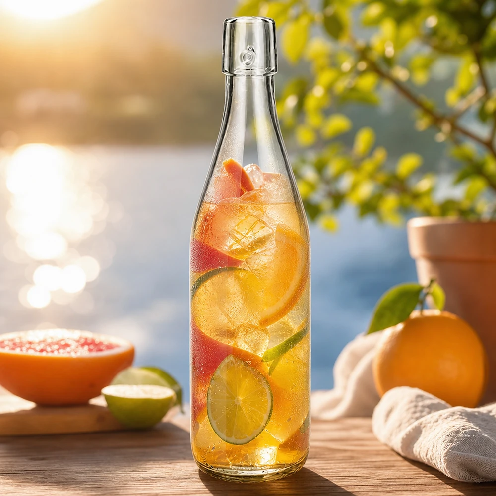 500 ml UNiTWIST-glasflaska fylld med iste och frukt för sommarförfriskningar utomhus med citrusfrukter