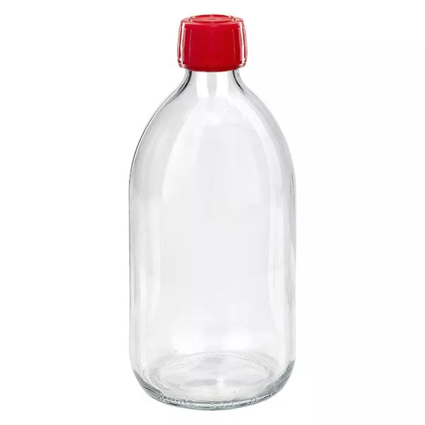 500 ml medicinflaska med klart, rött lock och säkerhetsring ApoGlas 500 ml medicinflaska med klart, rött lock och säkerhetsring ApoGlas