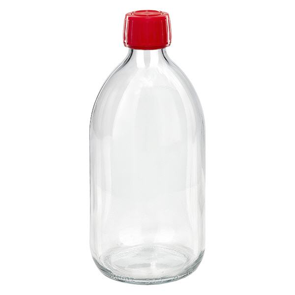 500 ml medicinflaska med klart, rött lock och säkerhetsring ApoGlas 500 ml medicinflaska med klart, rött lock och säkerhetsring ApoGlas