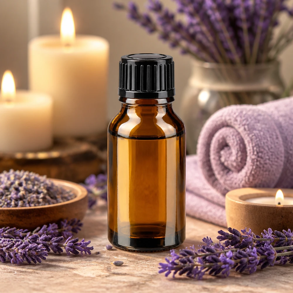 Apoteksflaska brun 15ml skruvkork svart standard Apoteksflaska, 15 ml, brunt glas med svart skruvlock, omgiven av lavendelblommor och ljus