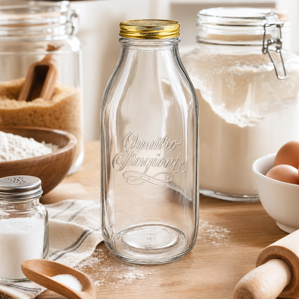 Quattro Stagioni 1000 ml glasflaska arrangerad i ett rustikt kök med bakingredienser, mjöl, ägg och träredskap