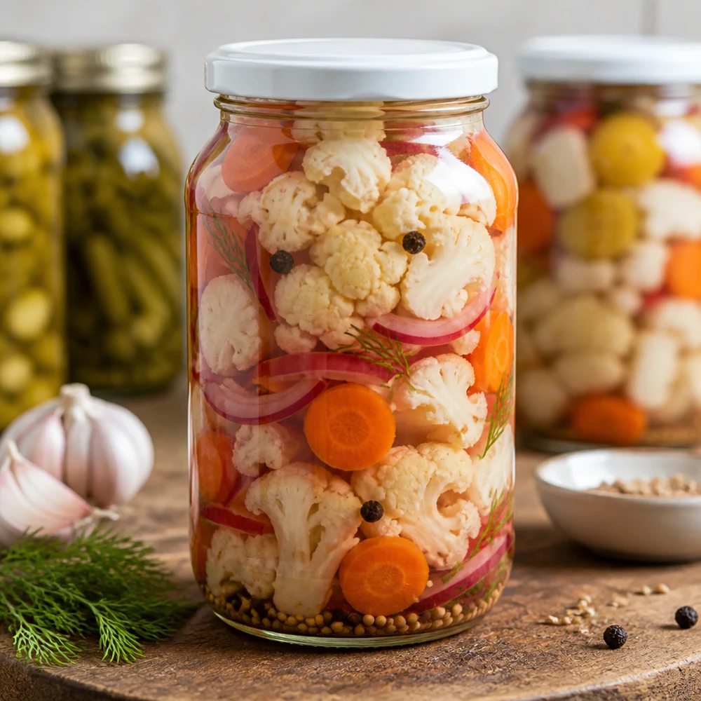 1062ml rund burk med BasicSeal-lock vit UNiTWIST 1062ml rund burk BasicSeal lock med inlagda grönsaker Blomkål Morötter Mixed pickles Konserveringsburk
