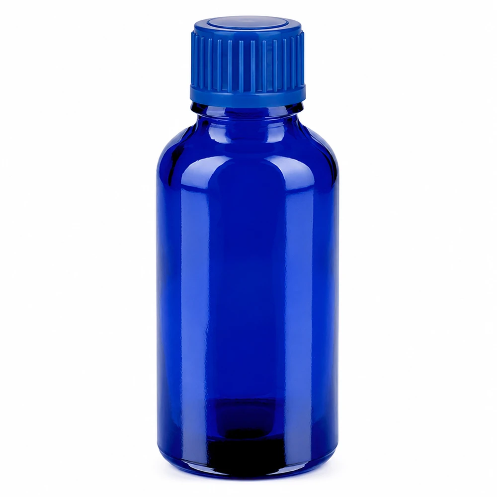 30 ml blå glasflaska med skruvlock för eteriska oljor och kosmetika