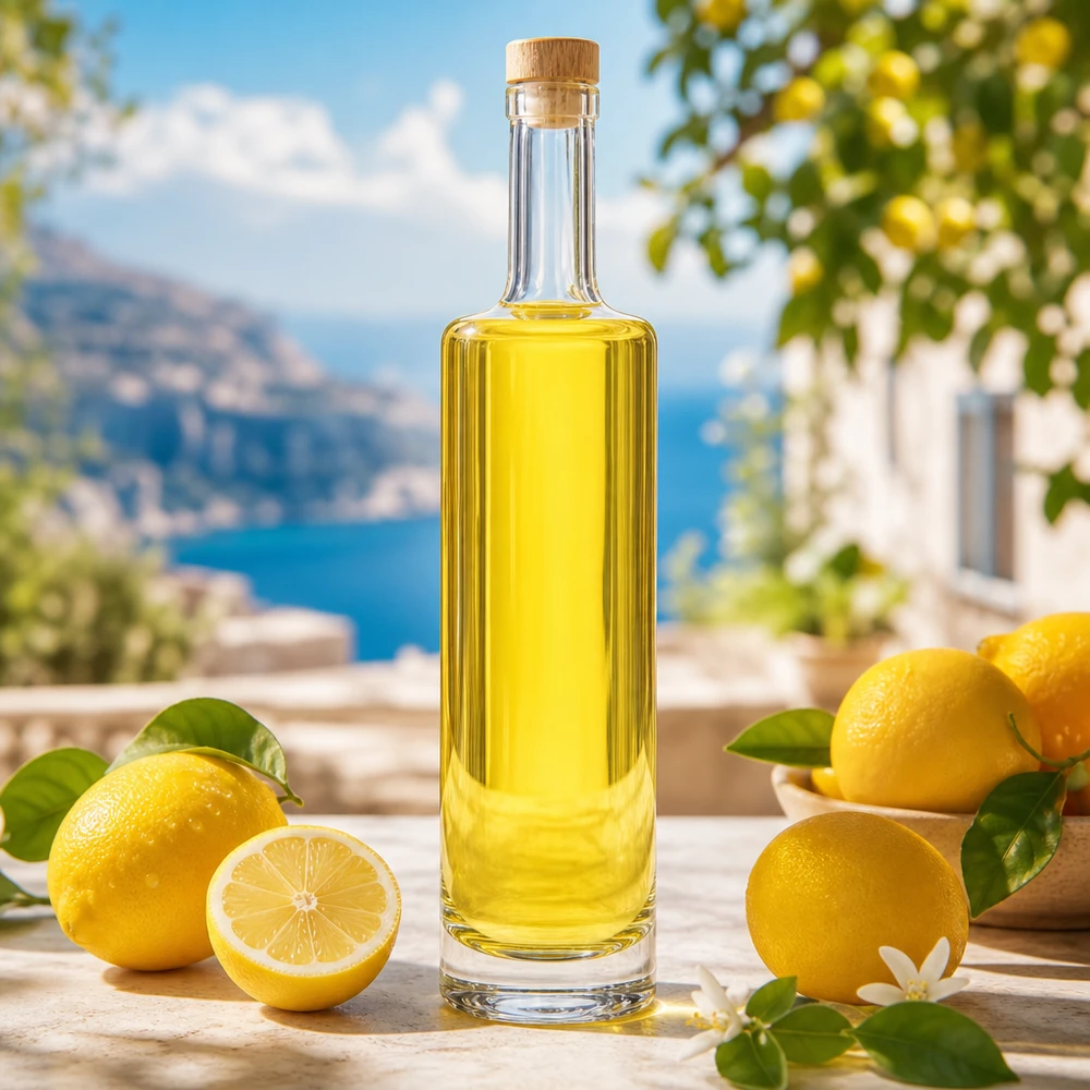 500 ml glasflaska Lina med träkork fylld med gul limoncello mellan färska citroner Medelhavslandskap