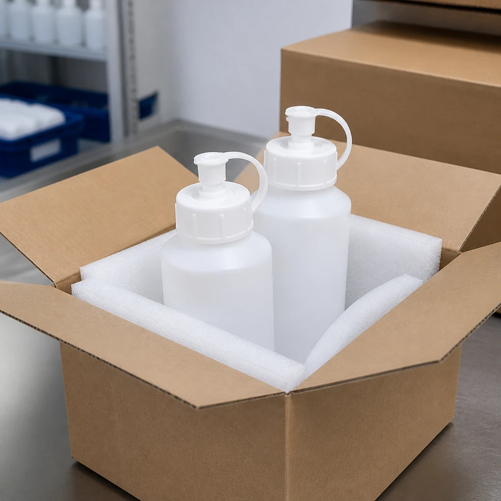 Två vita HDPE-apotekflaskor med sprutlock, säkert förpackade i skumplast i en fraktkartong