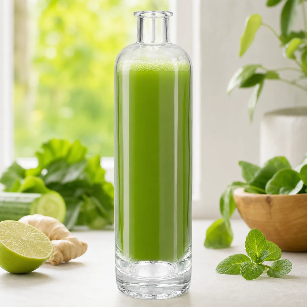 500 ml glasflaska Ella utan lock UNiTWIST® 500ml Glasflasche Ella UNiTWIST mit grünem Smoothie gefüllt zwischen frischen Kräutern Ingwer und Limette Wellness-Ambie