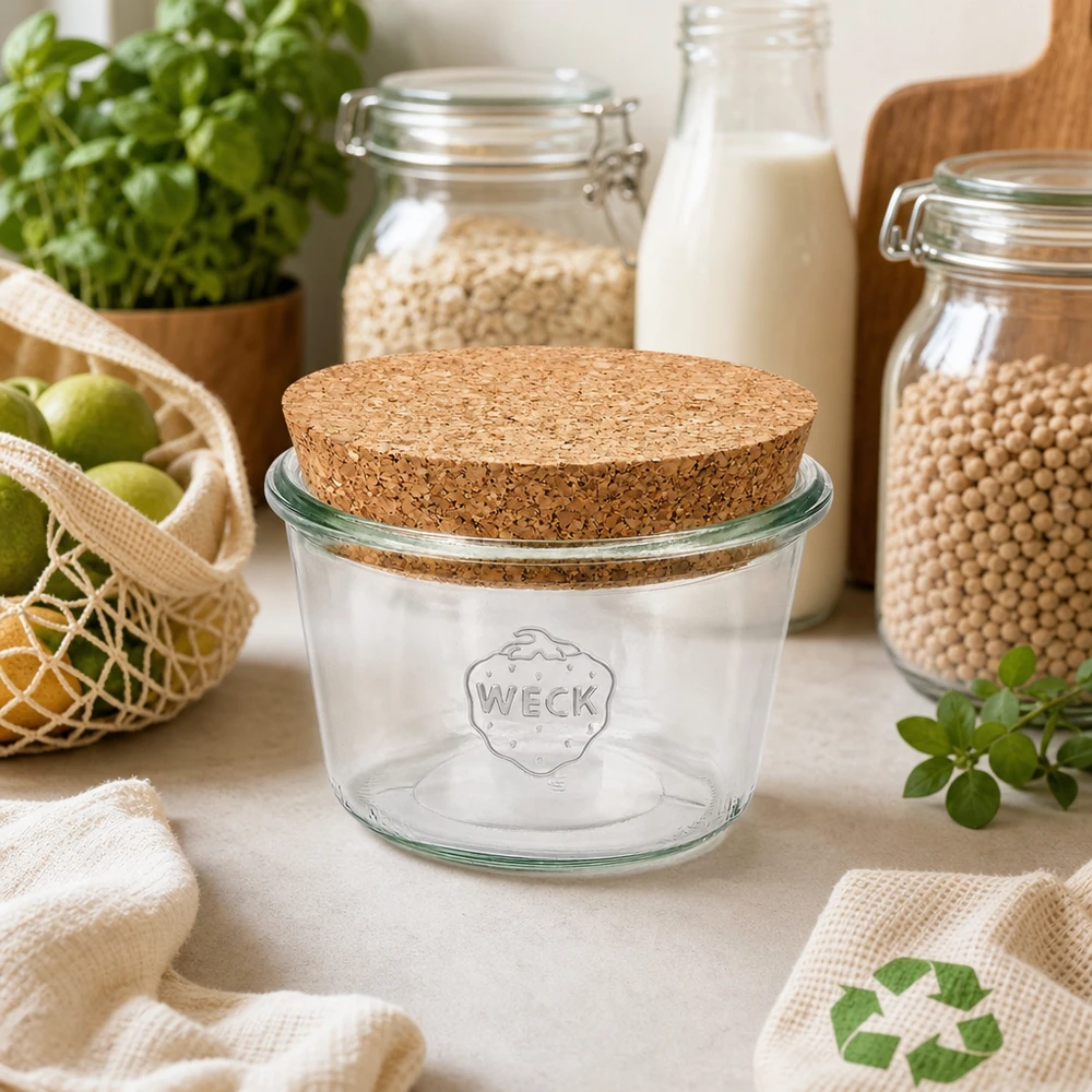 370ml Krossade glasögon WECK RR100 med naturkork WECK RR100 370ml murarburk med korklock i hållbart zero-waste kök med förvaringsburkar och ekologiska produkter