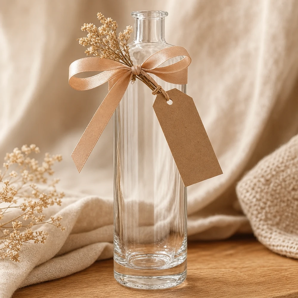 500 ml glasflaska Ella utan lock UNiTWIST® 500 ml glasflaska Ella UNiTWIST som en gåva dekorerad med satinband hänge torkade blommor dekoration styling