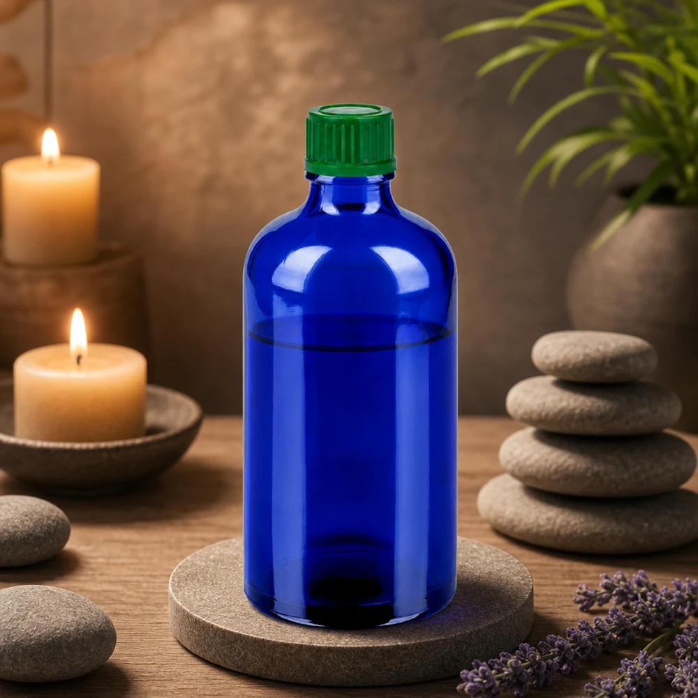 Kompakt 100 ml glasflaska i elegant blå färg med praktisk grön skruvkork