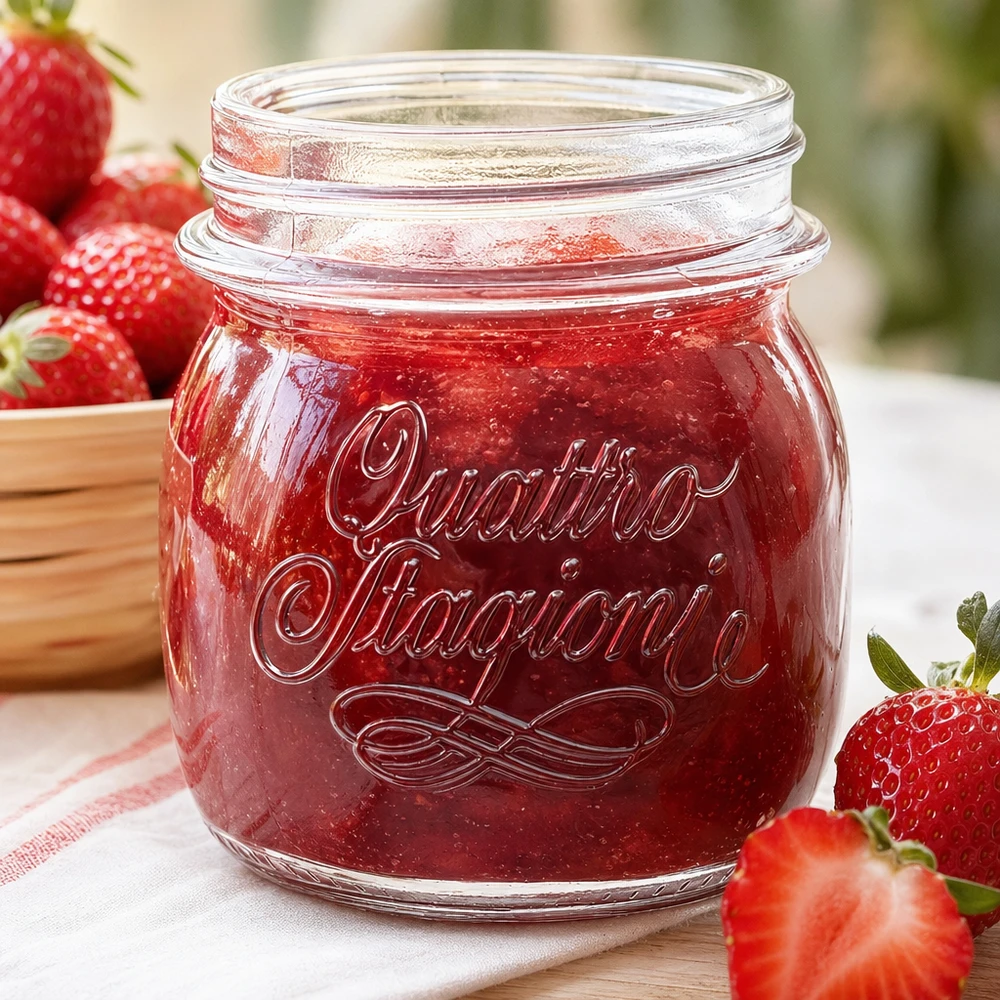 250ml runt glas "Quattro Stagioni" QS70mm 250 ml Quattro Stagioni hushållsburk fylld med jordgubbssylt bredvid färska jordgubbar på träbord