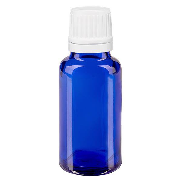 Apoteksflaska blå 20ml skruvkork vit med säkerhetsförslutning Apoteksflaska blå 20ml skruvkork vit med säkerhetsförslutning