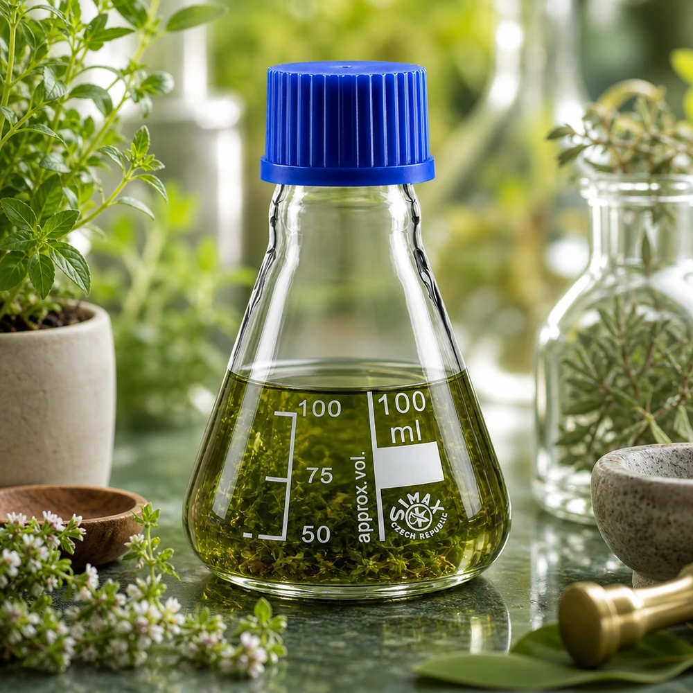 Erlenmeyerkolv 100ml med skruvkork Erlenmeyerkolv 100 ml med blått lock, idealisk för växtextrakt och botaniska tillämpningar