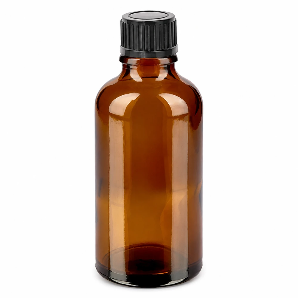 50 ml brun glasflaska med svart skruvlock för eteriska oljor och kosmetika
