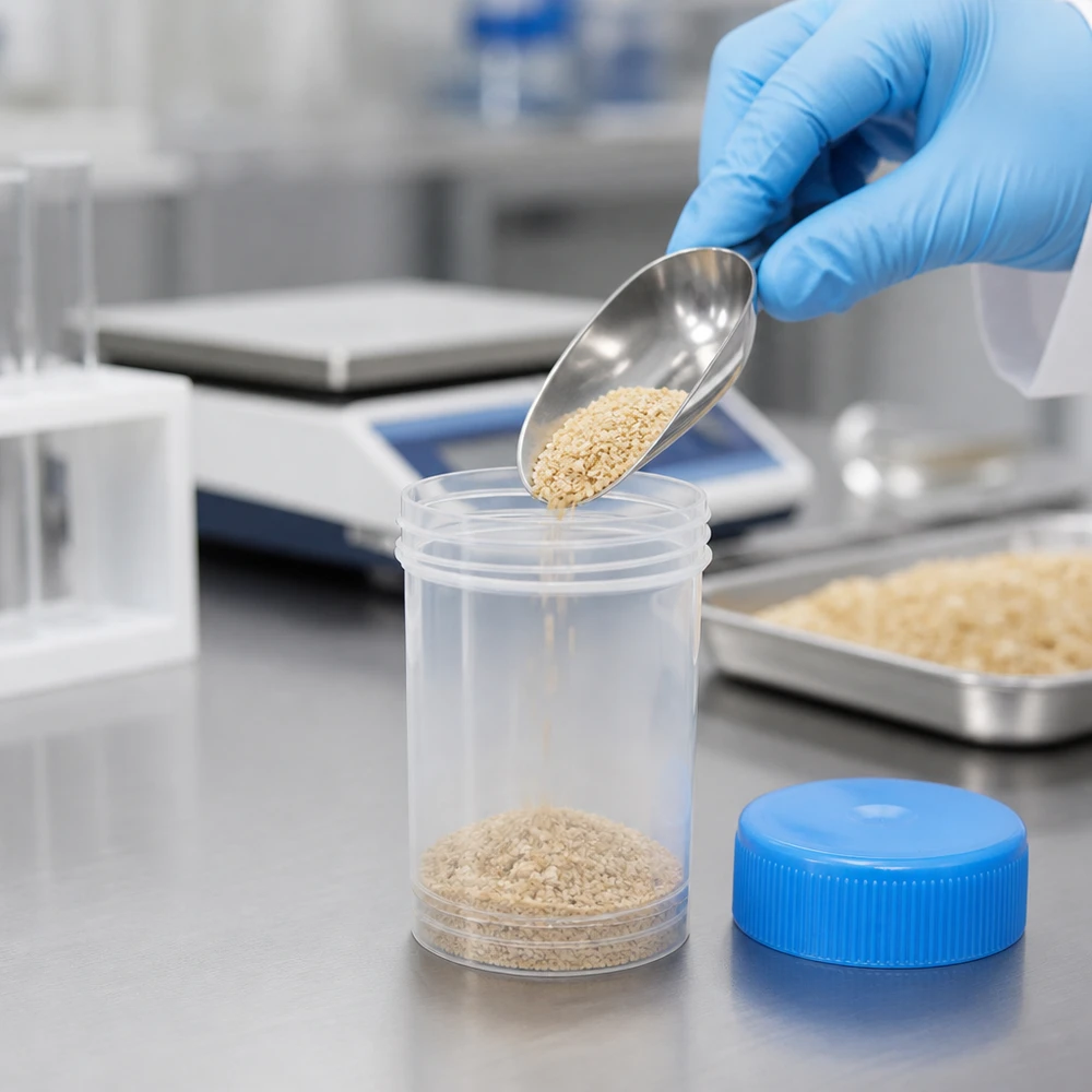 Det korniga granulatet fylls med en metallskopa i en genomskinlig 20 ml plastburk med blå skruvlock