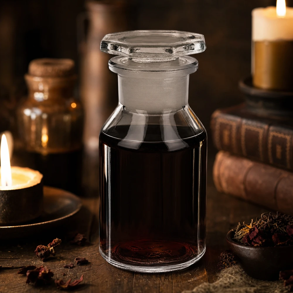 Branthalsad flaska 50ml klar glaspropp med bred hals Flaska med brant bröst, 50 ml, klar, med åttkantig glaspropp i vintage-stil typisk för apotek