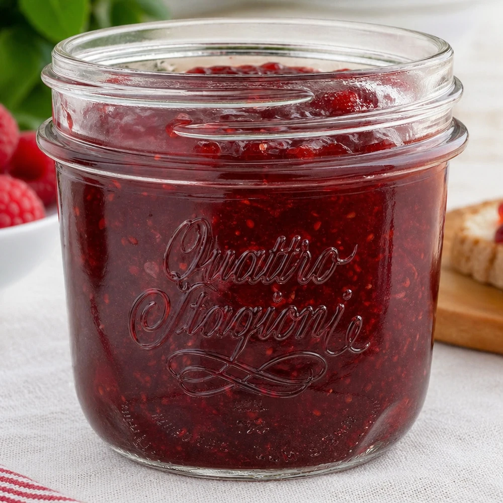 200ml "Quattro Stagioni" krossade glasögon QS86mm Quattro Stagioni 200ml Einmachglas mit roter Marmelade gefüllt - perfekt für hausgemachte Konfitüren und Aufstriche