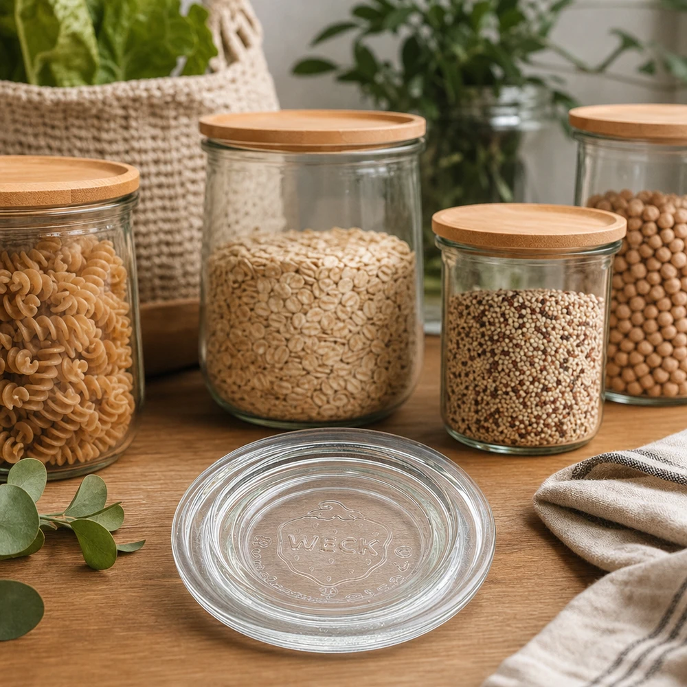 WECK glaslock RR40 av transparent glas med lock av bambu för snygg förvaring i det moderna köket
