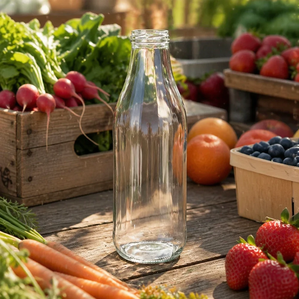 1000 ml UNiTWIST-glasflaska TO48 tom på träbord med färsk frukt och grönsaker Utomhuslandskap naturlook